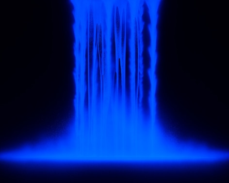 Dayfall Nightfall, 2025, under ultraviolet light, pigments on Japanese mulberry paper mounted on board, 51.3 x 63.8 inches/130 x 162 cm