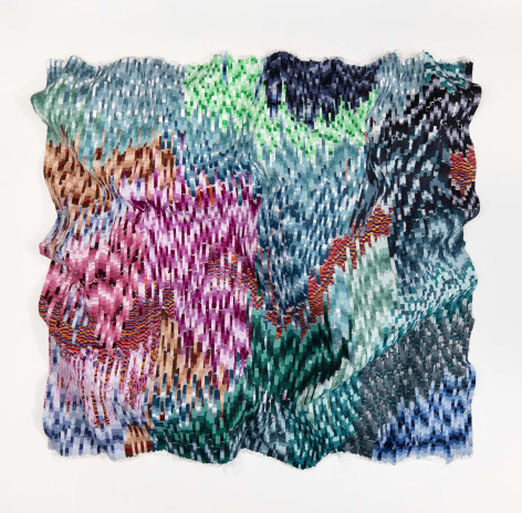 Kenny Nguyen, White Noise, 2025, hand-cut silk fabric, acrylic paint, canvas, mounted on wall, 241.3 x 261.6 cm (95 x 103 inches)