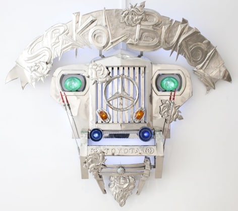 Transformers I (Spakol-Bukol), 2010, stainless steel, Jeep parts and LED lights, 60 x 68 x 13 inches/152.4 x 172.7 x 33 cm