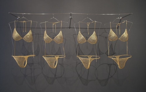 Comfy Bikinis, 2013, brass safety pins covered with electroless nickel immersion gold, stainless steel and glass,&nbsp;14.2 x 35.8 x 48 inches/36.1 x 90.9 x 121.9 cm