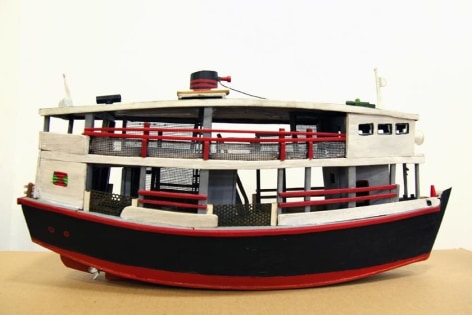 Aung Ko, The Spirit of the River, 2015, mixed-media model boat, 9.4 x 18.9 x 5.9 inches/24 x 48 x 15 cm, part of a video and mixed-media installation with Nge Lay