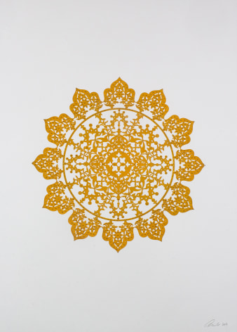 Anila Quayyum Agha, Flowers (Mustard Yellow), 2017, mixed media on paper (encaustic mustard yellow flower with gold beading), 30 x 22 inches/76.2 x 55.9 cm