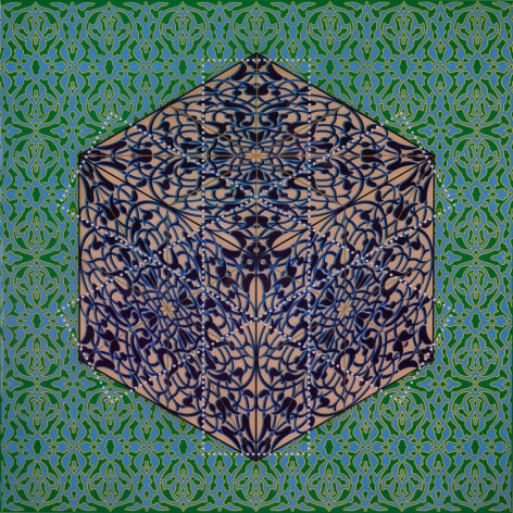 Anila Quayyum Agha, Paradise (Mughal Gardens/Patterned Cube) I, 2022, resin, 119.4 x 119.4 cm (47 x 47 inches)