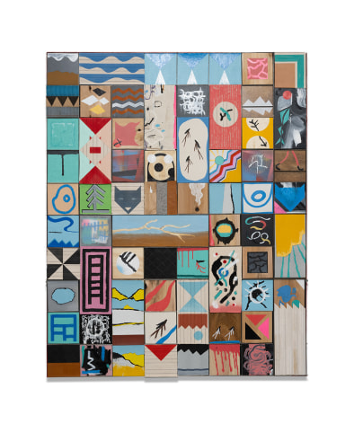 Matthew Kirk, Same Time, Same Place, 2023, mixed media on Target paper, canvas, cedar, Coroplast, cotton, leather and Masonite, 152.4 x 122 cm (60 x 48 inches)