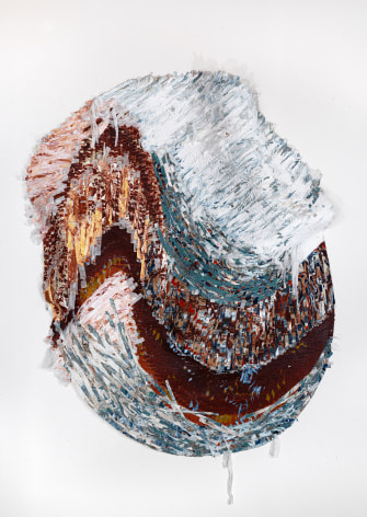 Nesting Ground Series, 2024, hand-cut silk fabric, acrylic paint, canvas, mounted on wall, 76 x 60 inches/193 x 152.4 cm