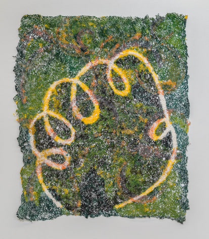 The Woods Within Me, 2021, plucked Japanese handmade paper, acrylic paint, thread, acrylic polymer, 35 x 30 inches/89 x 76 cm