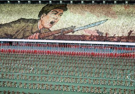 , A mass game to celebrate Kim Il-sung&#039;s birthday at the hundred-thousand-seat Kim Il-sung stadium, Pyongyang, North Korea, 1982, dye transer print, 20 x 24 inches/50.8 x 61 cm &copy; Hiroji Kubota/Magnum Photos