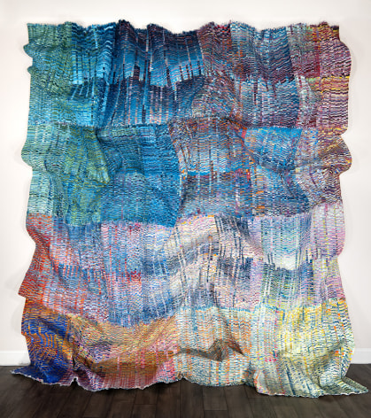 Kenny Nguyen, The Thread Between Us No. 2, 2024, hand-cut silk fabric, acrylic paint, canvas, mounted on wall, 355.6 x 325.1 cm (140 x 128 inches)