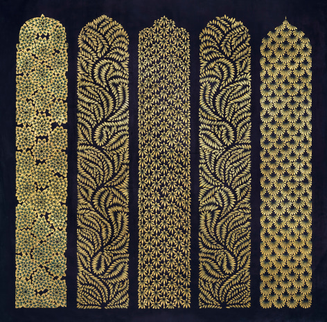 Doors of Perception, 2023, stone pigments, gold leaf and Arabic gum on handmade Sanganer paper, 35 x 35 inches/89 x 89 cm