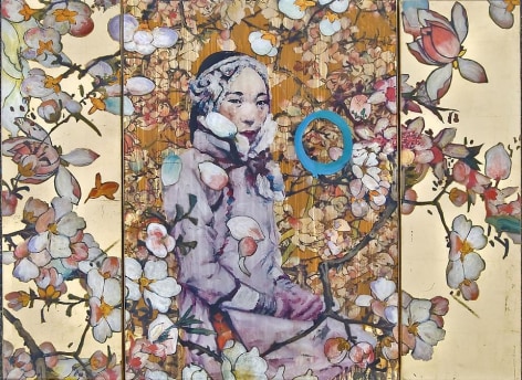 Hung Liu, Untitled (100 Flowers / Mountain Lady), 2012, mixed media (triptych), 28 x 39 ½ inches