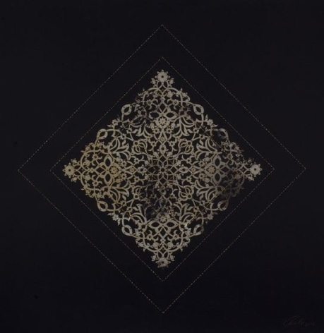 Anila Quayyum Agha, Flowers (Black and Gold Cutout Diamond), 2017, mixed media on paper (encaustic gold square stitching and square laser cuts, gold and black beads on black paper), 34 x 30 inches/86.4 x 76.2 cm