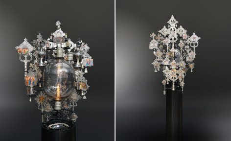 The Genesis Series - Crossroads, 2021, assemblage sculpture with glass beaker engraved with text; laboratory clamps; icons and iconography, tubular lights and steel base, 208.3 x 91.4 x 76.2 cm (82 x 36 x 30 inches)