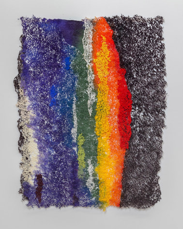 The way they bend, 2022, plucked Japanese handmade paper, acrylic paint, thread, acrylic polymer, 33 x 27 inches/83.8 x 68.6 cm