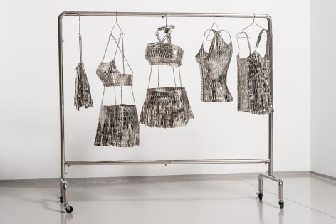 Tayeba Lipi, The Rack I Remember, 2019, stainless steel razor blades and stainless steel, 139.7 x 152.4 x 45.7 cm (55 x 60 x 18 inches)