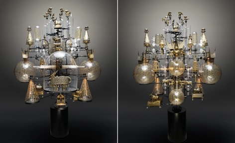 The Immanent Transcendental (detail), 2017–2020, assemblage sculpture with laboratory tubes, flasks and beakers (some etched with Hebrew text from Exodus and the medieval scholar Rashi’s writings, in-filled with 23-karat gold); antique glass dome; antique Torah scroll finials; bronze, brass and metal icons with tubular lights and an illuminated steel base, 177.8 x 114.3 x 96.5 cm (70 x 45 x 38 inches)