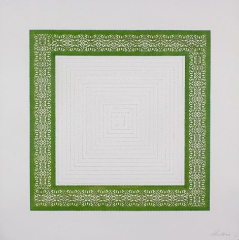 Anila Quayyum Agha, Flowers (Green and White Squares), 2017, mixed media on paper (encaustic green square with white stitching in center), 29.5 x 29.5 inches/74.9 x 74.9 cm