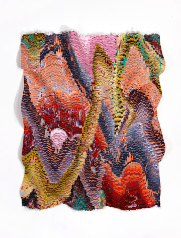 Kenny Nguyen, Eruption Series No. 82, 2025, hand-cut silk fabric, acrylic paint, canvas, mounted on wall, 182.9 x 147.3 cm (72 x 58 inches)