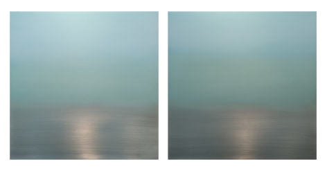 Miya Ando, Sea Green Diptych, 2017, pigment, urethane, dye and resin on aluminum, 36 x 72 inches/92 x 183 cm