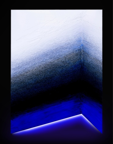 Untitled, 2018, mixed media on composite with LED light, 59.1 x 43.3 inches/150 x 110 cm