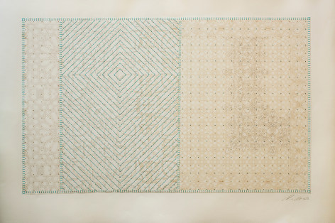 Shimmering Memories 9, 2022, turquoise and white embroidery and beads, 30 x 41.5 inches/76.2 x 105.4 cm