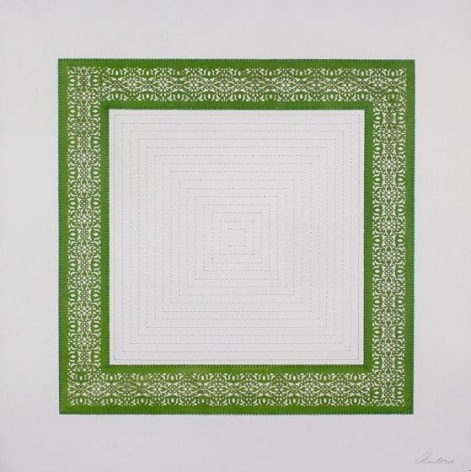 Anila Quayyum Agha, Flowers (Green and White Squares), 2017, mixed media on paper (encaustic green square with white stitching in center), 29.5 x 29.5 inches/75 x 75 cm