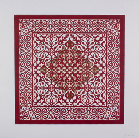 Anila Quayyum Agha, Flowers (Garnet Diamond), 2017, mixed media on paper (encaustic garnet square with clear and garnet beading), 29.5 x 29.5 inches/74.9 x 74.9 cm