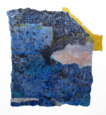 Neha Vedpathak, Untitled, 2019, plucked Japanese handmade paper, acrylic paint, thread, 58 x 52 inches/147.3 x 132.1 cm