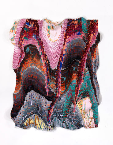 Kenny Nguyen, Eruption Series No. 81, 2025, hand-cut silk fabric, acrylic paint, canvas, mounted on wall, 182.9 x 147.3 cm (72 x 58 inches)