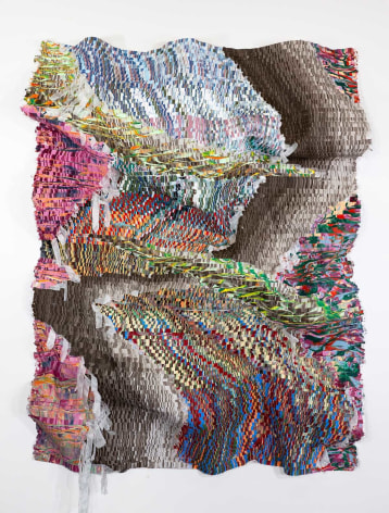 Kenny Nguyen, Eruption Series No.17, 2024, hand-cut silk fabric, acrylic paint, canvas, mounted on wall, 213.4 x 157.5 cm (84 x 62 inches)