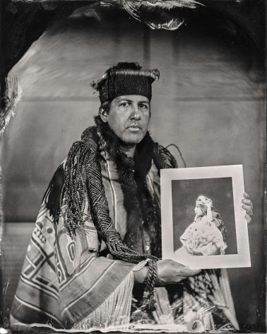 Will Wilson, Talking Tintype: Andy Everson, Citizen of the K'ómoks First Nation, Holds Photograph of his Grandmother, by Edward S. Curtis, Who Played the Role of "Princess Naida" in Curtis' Film "In the Land of the Headhunters," CIPX Seattle Art Museum, 2017, archival pigment print, 55.9 x 43.2 cm (22 x 17 inches)