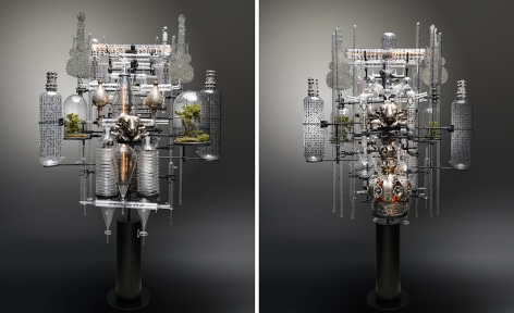 The Genesis Series - Day V B, 2021, assemblage sculpture with glass beakers, tubes, flasks and domes with engraved, appliqu&eacute; and printed text; laboratory clamps; icons and iconography, tubular lights and steel base, 77 x 48 x 44 inches/195.6 x 122 x 111.8 cm