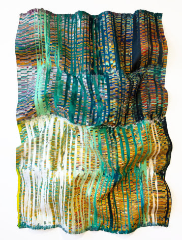 Kenny Nguyen, Homeland Series No.17, 2023, hand-cut silk fabric, acrylic paint, canvas, mounted on wall, 183 x 140 cm (70 x 51 inches)