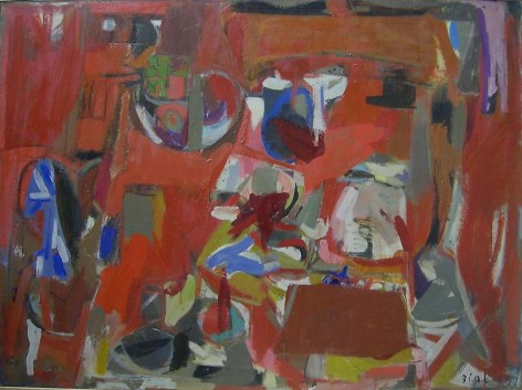 Janice Biala, Red Still Life, 1957, oil on canvas, 35 x 46 inches