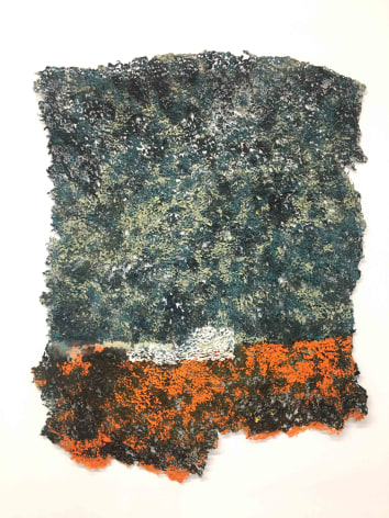 Untitled (among other things), 2019, plucked Japanese handmade paper, acrylic paint, thread, 26 x 21 inches/66 x 53.3 cm
