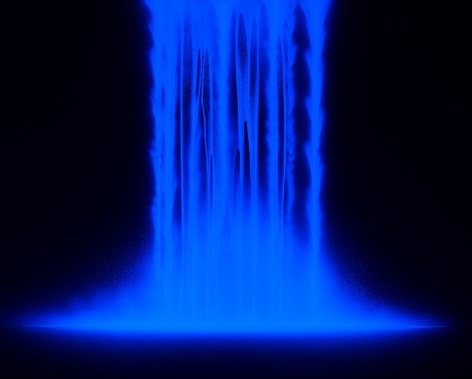 Dayfall Nightfall, 2025, under ultraviolet light, pigments on Japanese mulberry paper mounted on board, 51.3 x 63.8 inches/130 x 162 cm