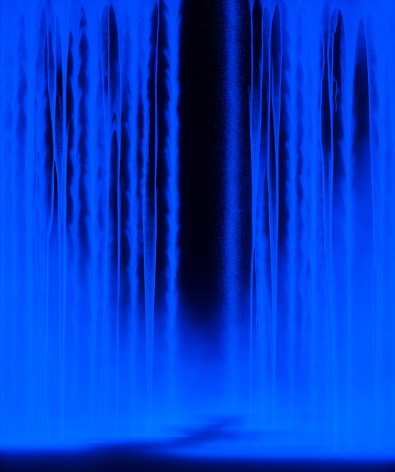 Dayfall Nightfall, 2025, under ultraviolet light, pigments on Japanese mulberry paper mounted on board, 76.3 x 63.8 inches/194 x 162 cm