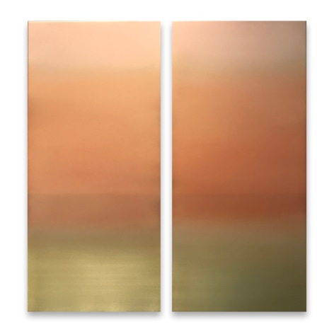 Miya Ando, Yellow Gold Diptych 7.19.4.4.1, 2015, pigment and urethane on aluminum, 48 x 48 inches/121.9 x 121.9 cm