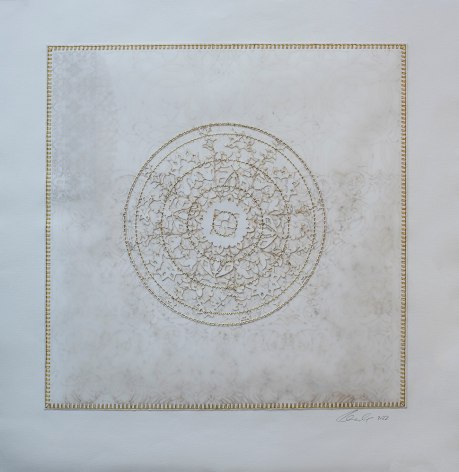 Anila Quayyum Agha, Walk with me my Beloved 5, 2022, mixed media (cutouts, white beads & gold thread), 76.2 x 76.2 cm (30 x 30 inches)