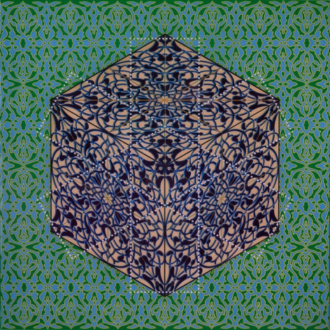 Anila Quayyum Agha, Paradise (Mughal Gardens/Patterned Cube) I, 2022, resin, 47 x 47 inches