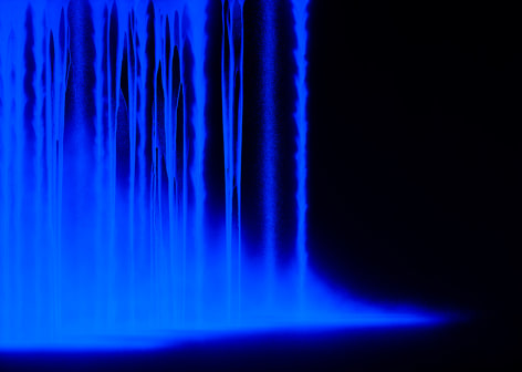 Dayfall Nightfall, 2025, under ultraviolet light, pigments on Japanese mulberry paper mounted on board, 63.8 x 89.5 inches/162 x 227 cm