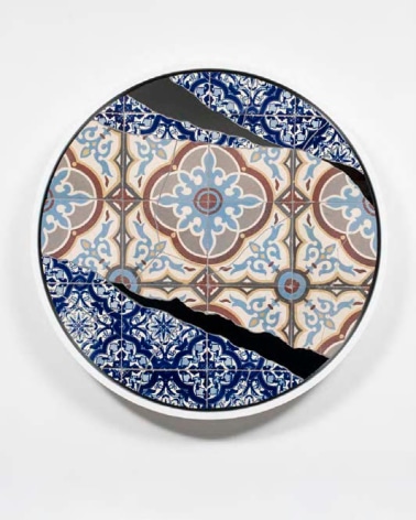 Azulejo (Dos), 2022, repurposed vintage tile, glazed porcelain and mirror on aluminum panel, 24 inches/61 cm tondo
