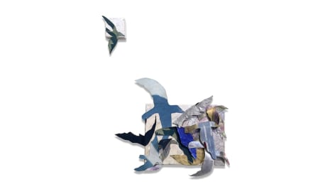 Susan Weil, Awing, 2018, acrylic, fabric collage, found paintings on canvas, 63.5 x 50.8 cm (25 x 20 inches)