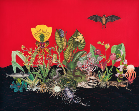 Anila Quayyum Agha, Rising Waters and a Hungry Bat (Human fragments, plants, land &amp;amp; sea creatures), 2025, mixed media (metallic sewing, hand-cut collage on paper, encased in resin on gesso panel), 24 x 30 inches/61 x 76.2 cm