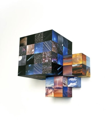 Round Trip, 2013, collage on canvas &amp;amp; masonite, 24 x 24 x 24 inches