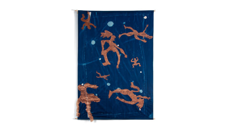 Susan Weil, Five Generations, 2019, copper wire mesh on cyanotype on fabric with wood dowels, 217.2 x 160 x 10.8 cm (85.5 x 63 x 4.3 inches)
