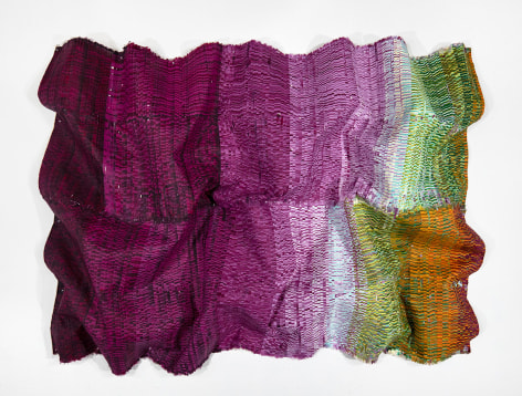 Encounter Series No. 44, 2025, hand-cut silk fabric, acrylic paint, canvas, mounted on wall, 71 x 109 inches/180.3 x 276.9 cm
