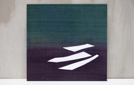 Ricardo Mazal, Gaa-Biosa (Green-Purple), 2023, acrylic on natural and hand-dyed silk mounted on aluminum panel, 45.7 x 48.3 cm (18 x 19 inches)