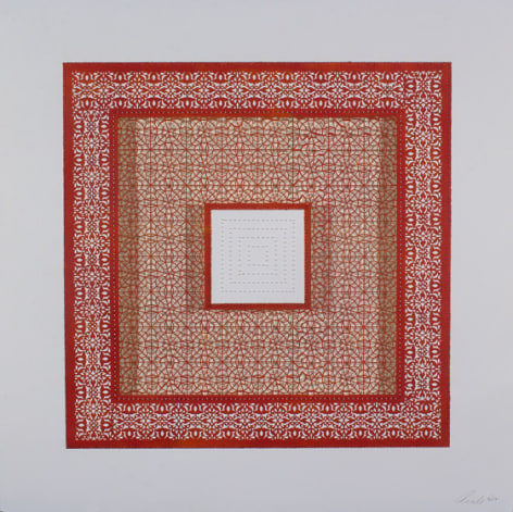 Anila Quayyum Agha, Flowers (Three Red Squares and One White), 2017, mixed media on paper (red square with white beads in center square; second square cutout with no backing), 29.5 x 29.5 inches/75 x 75 cm