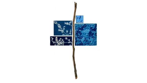 Susan Weil, Leafing Blue, 2019, collaboration with José Betancourt, cyanotype on canvas on wood, 208.3 x 130.2 x 15.9 cm (82 x 51.25 x 6.3 inches)