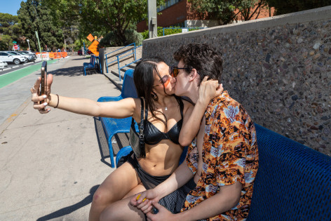 Couple Selfie Aimee and Braden, both 18, take a couple selfie before going to a &quot;dayger&quot; pool party, University of Arizona, 2022